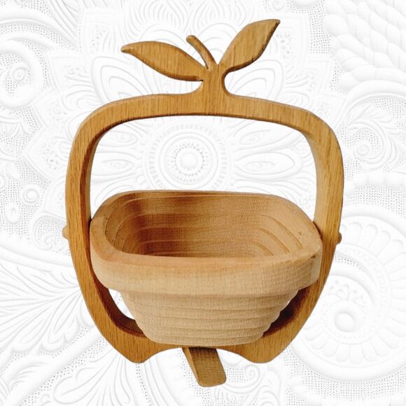 Vtg Basket Apple Shaped Tan Wooden Cut Collapsible Accent Fruit Holder Handmade - Picture 5 of 12
